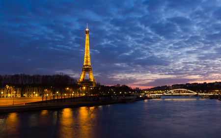 Eiffel Tower Sunset - famous, reflections, cloudy, beautiful, river, city, architecture, dusk, monuments, lights