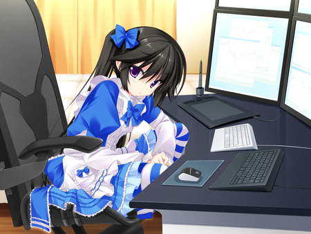 anime - computer, black hair, seet, purple eyes