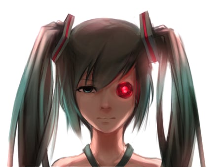 vocaloid - blue hair, red, blue eye, bionic, miku hatsune