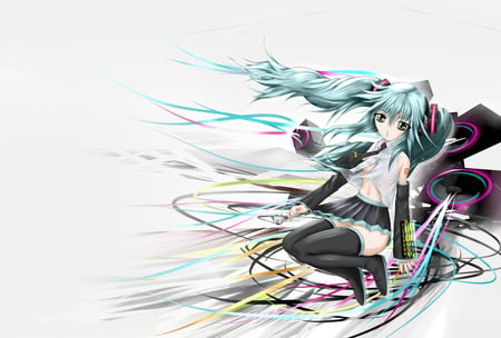 vocaloid - sound, miku hatsune, black ahir, blue eyes