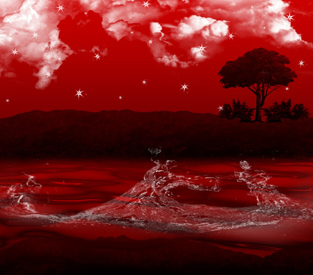 Red Scenery - seas, trees, clouds, red, skies, scenery, mountains, splashes