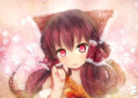 pretty - pretty, anime, bruntte, pink nail polish, girl, blush, red eyes, cat ears, smile, touhou, cute