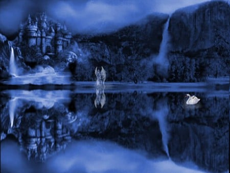 WHITE SWAN - white, swan, lake, reflection, castle, blue, mountains