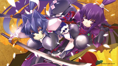 Mitsurugi Meiya - muv luv, girls, samurai, long hair, visual novel, sakura, spear, suit, katana, petals, anime, mitsurugi meiya, sword, manga