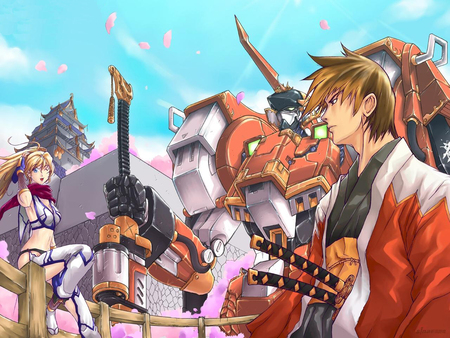 In Edo Castle - kyosuke nanbu, anime, long hair, robot, pilots, boy, short hair, red, mecha, castle, game, sakura, girl, blonde hair, petals, excellen browning, manga, white, allteissen, super robot wars