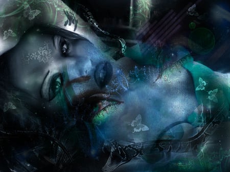 fractions of my heart - wallpaper, photomanipulation, edit, colour, diffrent, starrayne, snake, eyes, butterflys, new, dream, fractals, woman