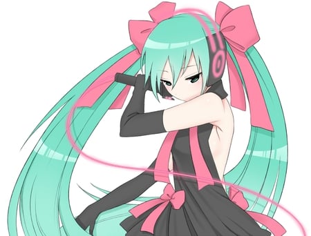 Hatsune Miku - aqua, headset, music, anime girl, white, art, cool, aqua eyes, artistic, hatsune miku, skirt, song, vocaloids, program, bow, vocaloid, beautiful, pink, diva, dress, nice, beauty, twintail, singer, aqua hair, black, virtual, hair tie, pretty, idol, anime, miku, cute, black dress, girl, cg, digitals, hatsune, microphone, headphones, awesome