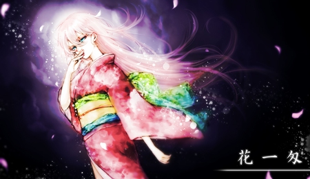 Megurine Luka - pretty, artistic, pink, luka, flowers, rainbow, nice, program, megurine, beauty, kimono, virtual, petals, cg, drawing, white, green, megurine luka, cute, aqua eyes, song, japanese, vocaloid, anime, twintail, music, aqua, sakura petals, pink hair, art, idol, anime girl, sakura, beautiful, singer, girl, cool, black, colorful, awesome, diva, painting, digital, vocaloids