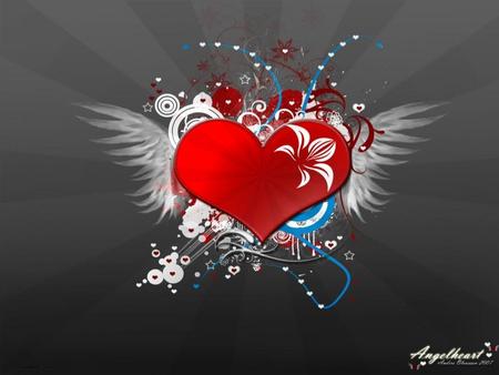 Angel Heart !!! - abstract, black, heart, 3d-art, red, wings, background, flower