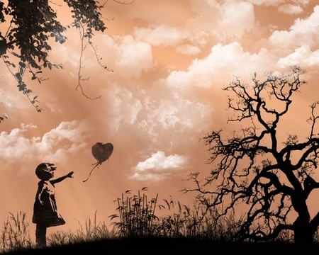 girl and heart balloon - digital art, black white, 3d