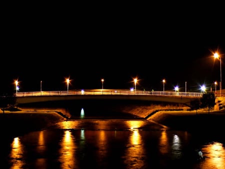 Vlasina River Bridge/Most na Vlasini - river, lanterns, vlasina, night, reflection, bridge