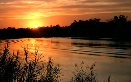 Sunset - sky, lake, trees, sunset, nature