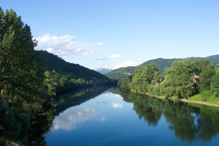 Drina River/Reka Drina - drina, trees, hills, summer, mountains, view, reflection, river, green forests, bluse sky