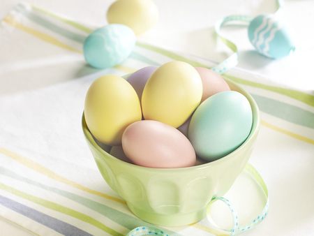 easter eggs - bowl, soft blue, easter, spring, eggs, yellow, forever, pretty, table, green, love, fashion, cup, entertainment, pink, pastel, colors