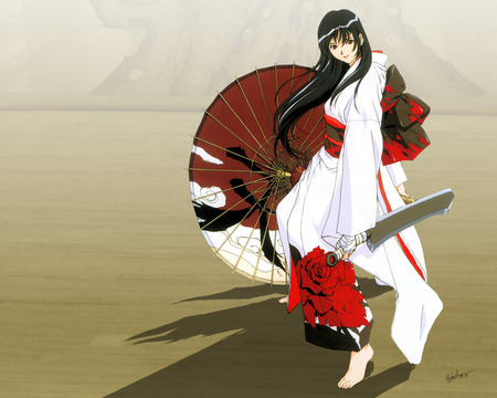 black hair horibe hiderou japanese clothes sword umbrella