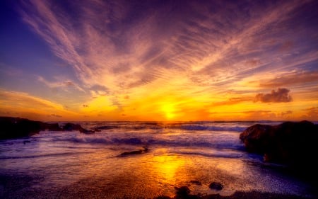 Sunset - amazing, beach, splendor, reflection, sand, view, paradise, sky, clouds, sunlight, beautiful, beauty, colors, lovely, colorful, nature, sunset, cloud, waves, peaceful, rocks