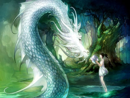 Offering - water dragon, trees, water, anime girl, brown hair, cool, dragon, awesome, cute