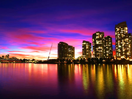 vancouver sunset canada - clouds, colors, light, reflection, buildings, sunsets, canada, nature, colorfull, sky