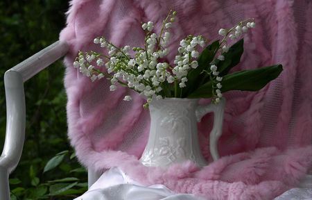 Still Life - still life, spring, nature, white, chair, pretty, beautiful, pink, lily of the valley, flowers, colors