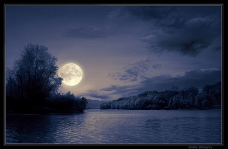 FULL MOON - moon, sky, lake, trees, clouds, night