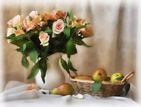 Still Life - pretty, flowers, vase, still life, roses, lovely, basket, nature, colors, pears