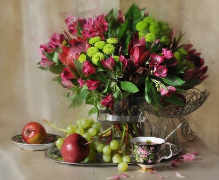 Still Life - pretty, vase, cup of tea, colors, tea, lovely, petals, still life, flowers, grapes, colorful, apples, nature, cup