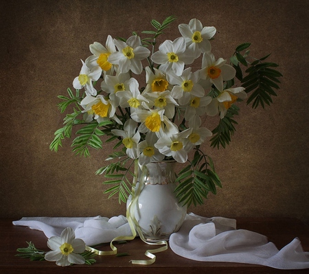 Still Life - daffodils, lovely, still life, vase, white, nature, pretty, petals, flowers