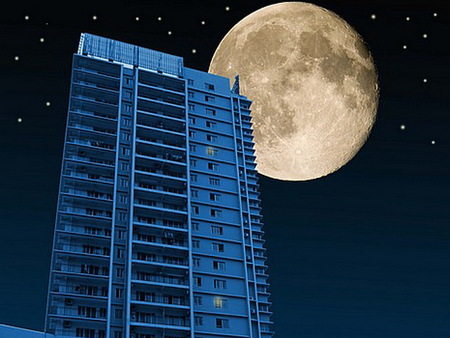 The moon above - skyscraper, building, full moon, night, darkness