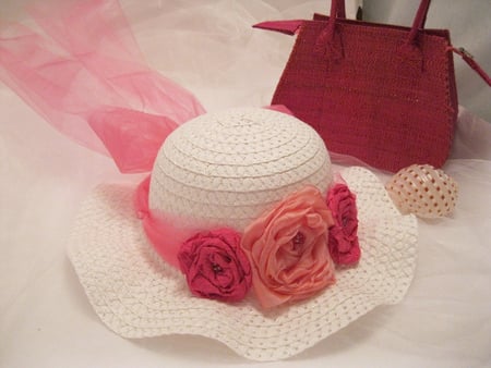 Woman*s Touch - white, silk, pink, hat, flowers, veil, still life