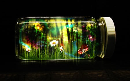 World in the bottle - 3d, green, flowers, bottle, black, colourful