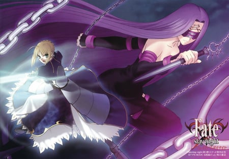 Fight - saber, servant, hair, purple, anime, sword, excalibur, cute, rider, sexy, girl, arthur, king, fate stay night, fight, blue, weapon, blonde