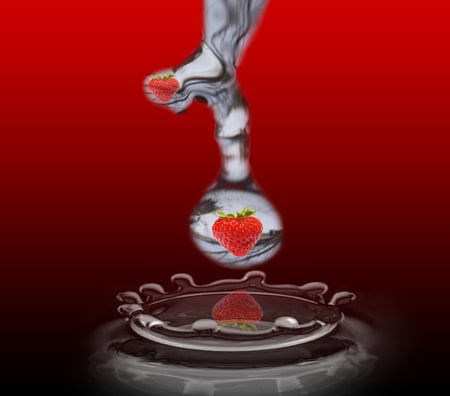 Strawberry Water Drop - reflections, strawberries, water, red, water drop