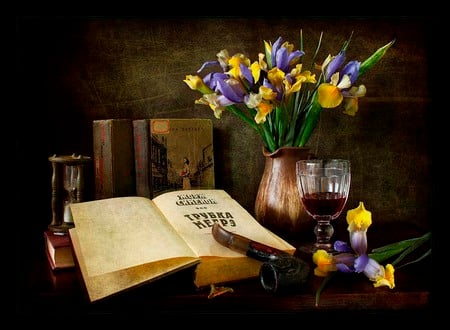 still life - nice, photography, bouquet, iris, wine, still life, pretty, cool, classic, old, irises, red wine, harmony, drink, pipe, sandglass, lovely, vase, cup, beautiful, books, flowers, photo, flower