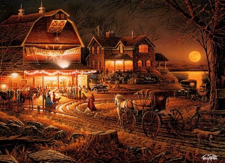 Harvest Moon Dance - moon, house, fun, cars, people, buggys, dog, horses, painting, barn, dance, country