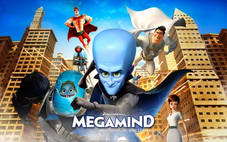 Megamind groupshot - farrell, will, minion, blue, dreamworks, megamind