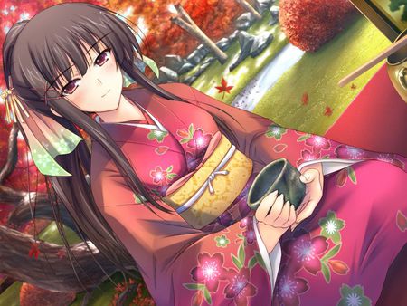 haveing tea - pretty, trees, anime, girl, blush, grass, tea, kimono, outdoors, autum, hair ribbon, brunette