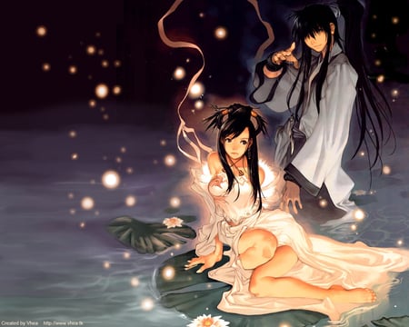 love - pretty, girl, sparks, boy, anime, water, lily pads