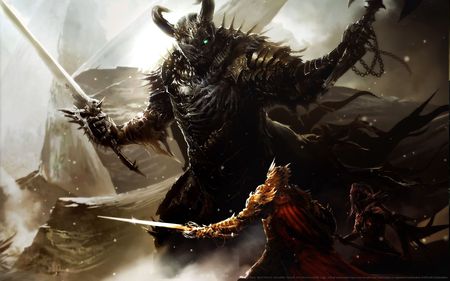 Dark warrior vs. Paladin - black, battle, warrior, fight, sword, paladin, guild wars 2