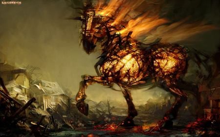 Flameing horse - horse, guild wars 2, dark, house, black, fire