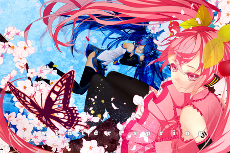 Hatsune Miku/Sakura Miku - pretty, vocaloid, blue, dress, hatsune miku, pink, stunning, beauties, sakura miku, anime girls, pink hair, idol, sakura, twintails, beautiful, hot, singer, beauty, miku, butterfly, cute, aqua hair, thigh highs, hatsune, sexy, vocaloids