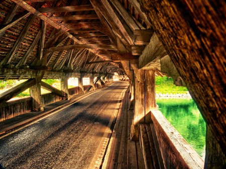 Covered Bridge - covered, water, wood, beautiful, colors, architecture, street, olor, green, history, old, bridge, way