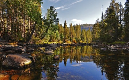 Landscape - lake, sky, trees, landscape, mountains, rocks, nature, forest, clouds, grass