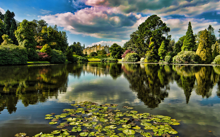 Reflection - clouds, trees, spring, grass, reflection, nature, green, lake, castle, sky