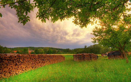 Spring - clouds, wood, landscape, spring, grass, tree, village, nature, green, field, sky