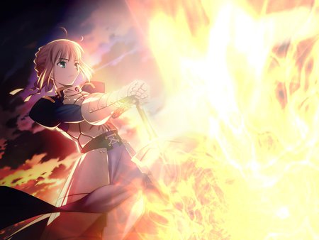 Saber - saber, warrior, sword, cool, arthur, servant, mountain, king, cute, nice, fate stay night, sky, excalibur