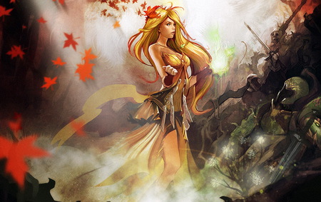 Aurora Castle Age Boss - woman, magic, sorceress, game, battle, spell, magical, enchant, long hair, smoke, aurora, long dress, boss, nature, fight, beautiful, castle age, leaves, blonde