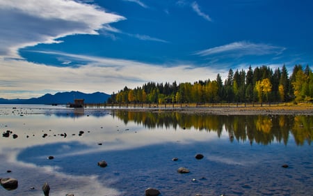 Nearly Symmetrical - symmetrical, lake, forest, reflection, nearly, sky