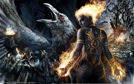 dungeon siege 3 - burning, dungeon, crow, flames, flame, siege, golden, dungeon siege