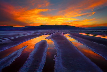 Stretch - land, reflections, gold, orange, sunset, ocean