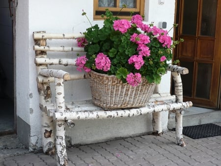 relaxing pink - pink, wooden, bench, basket, flowers